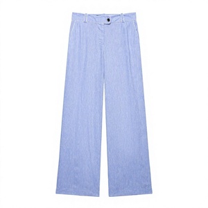 Pantalon large taille haute pour femme en coton Oxford bleu uni, coupe décontractée, longueur intégrale, fermeture boutonnée, devant plat, idéal pour l'été - Product Image 2
