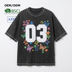 High Quality Custom Contrast Stitch Acid <b>Wash</b> Puff Print Men's T Shirt Flat Embroidery Hand Drawn Print Distressed Loose T-shirt - Product Image 1