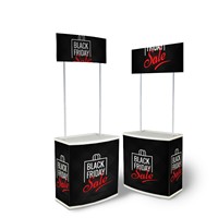 Comptoir promotionnel pop-up robuste et personnalisable pour expositions, salons professionnels et publicité commerciale, avec bannière supérieure