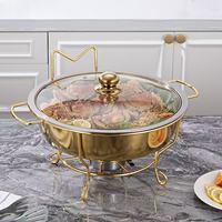 Plat à réchaud rond doré avec couvercle en verre, chauffe-plats pour buffets, équipement de maintien au chaud pour soupes et traiteur