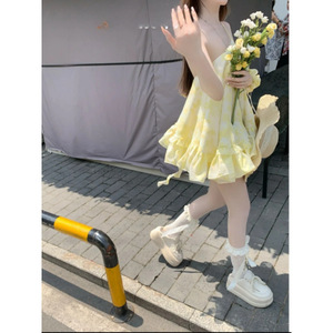 Conjunto Casual de Dos Piezas de Verano, Estilo Princesa, Hombros Descubiertos, Corte Regular, Largo Midi, Chifón Transpirable, Color Amarillo - Product Image 3