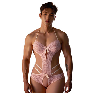 Men's pink lace bodysuit with open crotch, no need to remove, erotic lingerie, high elasticity uniform - Product Image 5