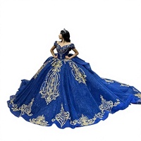 Robe de bal épaules dénudées pour Quinceañera avec paillettes et dentelle, grande taille, longueur ras du sol, bleu roi et or