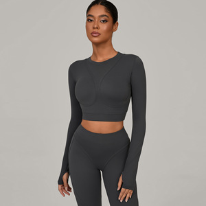 XW-46737 Ropa de Yoga de Alta Calidad, Ropa Deportiva Cómoda, Camiseta Deportiva de Punto, Tops Cortos Deportivos para Mujer, <span class=keywords><strong>Manga</strong></span> <span class=keywords><strong>Larga</strong></span> - Product Image 2