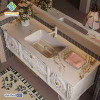 Meuble-lavabo mural moderne en bois massif de style farmhouse avec évier en cuivre, miroir LED et vasque en céramique - Cuisine