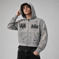Sweat à capuche vintage en coton délavé imprimé avec strass et double fermeture éclair, sweat à capuche personnalisé en molleton bouclette pour homme
