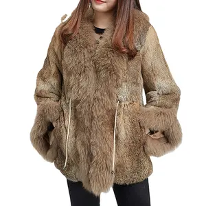 Windproof fox fur trim winter coats natural brown rabbit fur jacket for women