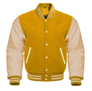 Varsity Letterman Yellow Wool and Genuine Cream Leather Sleeves Jacket