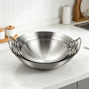 Wok chinois en acier inoxydable FLEY, grande poêle à frire mate, double poignée, pour cuisinière à gaz, usage commercial en cuisine - Product Image 3