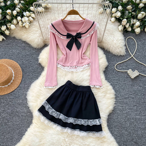 Conjunto feminino <span class=keywords><strong>kawaii</strong></span> com gola de marinheiro, duas peças, manga comprida, top com acabamento em renda, mini saia, conjunto primavera outono - Product Image 1