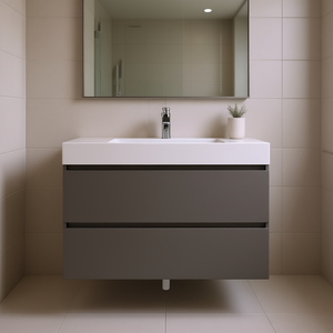 Mueble de Baño de 36 Pulgadas, Gris, Moderno, de Pared, Diseño Flotante, Lavabo Blanco de una Pieza, Desagüe Negro Mate - Product Image 2