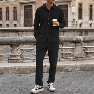 Setelan baju dan celana panjang pria, kemeja lengan panjang Solid kasual musim semi musim gugur - Product Image 3