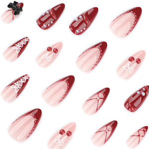 <span class=keywords><strong>Faux</strong></span> <span class=keywords><strong>ongles</strong></span> de luxe 3D cerise à presser, forme amande, French manucure, réutilisables, rouge bordeaux, avec nœuds et perles, vente en gros - Product Image 3