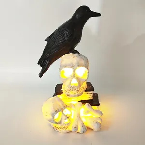 Halloween Party Decor Artificial Resin Crafts LED Light Ghost Witch Crow Perched on head Statue Model