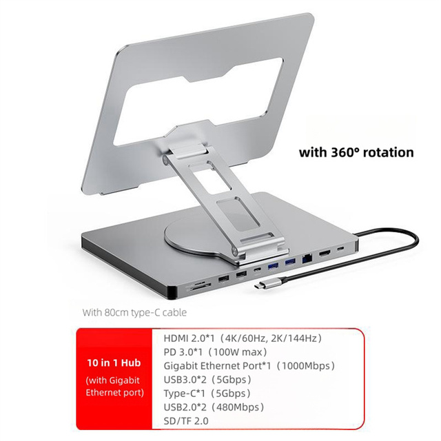10-in-1 USB C HUB Tablet Holder Docking Station 4K60Hz HD USB3.0 1000Mbps PD 100W Ethernet Data Transfer Stand for Tablet Phone