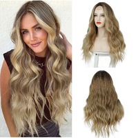 Perruque synthétique longue ondulée avec dentelle frontale pour femme, résistante à la chaleur, marron blond, avec raie en T, en fibre haute température, ajustable, petite taille