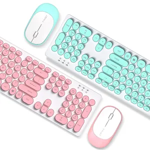 2.4GHz Dropout-Free Connection Pink/Mint Green Wireless Keyboard with Round Keycaps Cute Wireless Moues for PC/Laptop