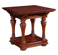 Table d'angle carrée en bois massif de style vintage américain avec insert en treillis, incrustation de diamants, étagère inférieure, pieds en forme de boule, finition vieillie