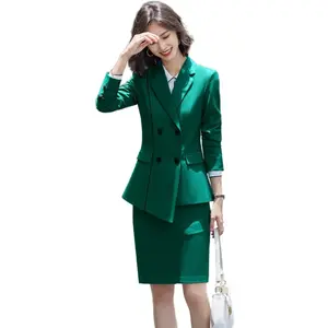 Women Double Breasted Suits Wholesale 2 Piece Set Patchwork Skirt Suit Fashion Binding Blazer Office Lady Pink Business Sets