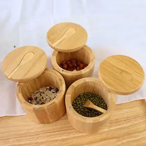 Eco Friendly Organic Bamboo Round Magnetic Lid Bamboo Storage Seasoning Box Bambu Spice Jar Bamboo Salt Container Box with Spoon