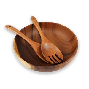 GL LARGE Kitchen Acacia Wood Salad Bowl Set With Servers Spoon Set