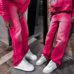 Manufacturer Custom Blank Straight Leg Rhinestone Sweat Men'S Pants Oversized Baggy Cotton Jogger Acid Washed Flared Sweatpants