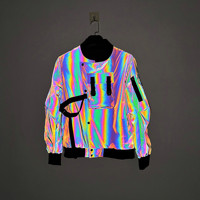 Veste à capuche décontractée d'automne avec motif géométrique de circuit imprimé, réfléchissante 7 couleurs arc-en-ciel, style hip-hop et danse mécanique