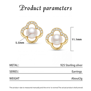 Pendientes de Perlas Blancas con Trébol de Cuatro Hojas en Oro de 18K y Circonitas Cúbicas para Mujer, Joyería Elegante con Perlas y Flores de la Suerte, Regalo Ideal - Product Image 6