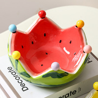 Ensemble de fourchettes et bol à fruits en céramique créatif et mignon en forme de pastèque, compatible micro-ondes, pour la maison, le salon et la table basse