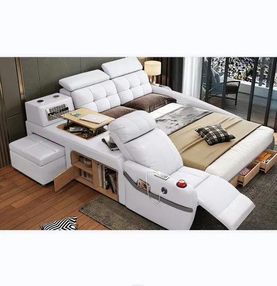 Moderne Witte Slaapkamer Meubilair Lederen Bed Met Speaker Usb Lader Massage Sofa Bed Sets