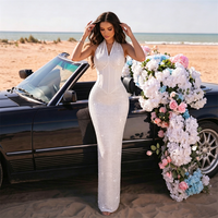 Robe longue moulante blanche ZYHT 75368 à col halter, sans manches, dos nu, avec détails en strass et maille, chic, style européen et américain pour femmes