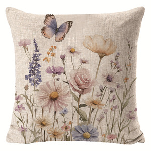 Funda de Almohada Cuadrada de Lino con Diseño de Mariposas y Flores Primaverales, 45x45cm, Transpirable, Decorativa para Sala de Estar y Sofá - Product Image 2