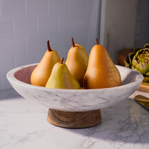 Frutero de Mármol con Pedestal de Madera de Acacia, Centro de Mesa Decorativo de Piedra para el Hogar, Regalo de Inauguración, Nuevo - Product Image 2