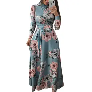 Vestido feminino boho manga comprida, design casual boho estampado floral com gola cintura