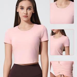 เสื้อครอปโยคะรัดรูปสำหรับผู้หญิง ขายส่ง มีเชือกผูกด้านหลัง แขนสั้น มีบราในตัว เสื้อออกกำลังกาย ระบายอากาศได้ดี เหมาะสำหรับพิลาทิส เสื้อยืดออกกำลังกาย - Product Image 4
