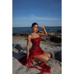 Robe de soirée longue rouge Paxton à sequins, fendue, taille empire, col montant, drapée à plusieurs niveaux, idéale pour banquets et mariages - Product Image 2