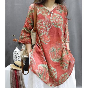 Retro Print Mid Sleeve V Neck Cotton Linen Loose Dress Breathable Daily Wear Women Casual Style - Product Image 3