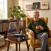 Plattenspieler mit Eingebauten Lautsprechern und USB-Kodierung Holzoptik Riemenantrieb Konvertiert Vinyl zu MP3 1W×2 Lautsprecher Netzteil