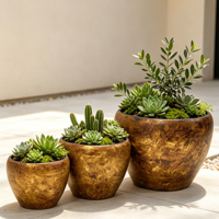 Pot de fleurs en céramique texturée or antique, intérieur noir mat, jardinière de luxe, style moderne du milieu du siècle, pour salon