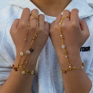 Bracelet chaîne de doigt en cristal naturel perlé fait à la <span class=keywords><strong>main</strong></span>, bracelet en acier inoxydable plaqué PVD 18K pour femmes - Product Image 1