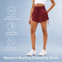 Shorts pour femmes bordeaux froncés à cordon de serrage, taille haute, côtelés, avec poches latérales, séchage rapide, cordons de bas, fabricant sur mesure