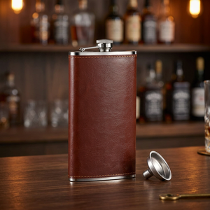 Gourde à liqueur portable en acier inoxydable de 6 oz avec étui en cuir pour les voyages en plein air, le camping, les hommes, les femmes, les cadeaux d'affaires, le whisky, le vin, l'alcool - Product Image 3