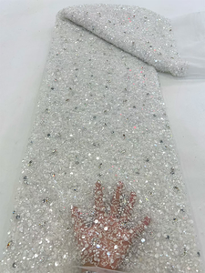 Tissu en dentelle française de luxe NI.AI Aso Ebi avec des perles et des paillettes, dentelle de mariage tendance, tulle léger, broderie en filet - Product Image 6