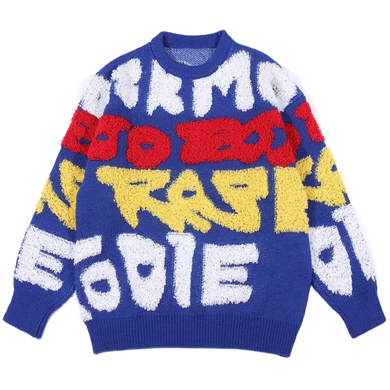 Custom LOGO OEM   ODM men sweater Jacquard Letter Long Sleeve pullover knit winter crew neck knitwear custom knit sweater