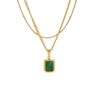Collier double couche classique en acier inoxydable avec pendentif géométrique vert moderne et pierres précieuses, chaîne latérale, bijoux tendance en promotion TGXL14701
