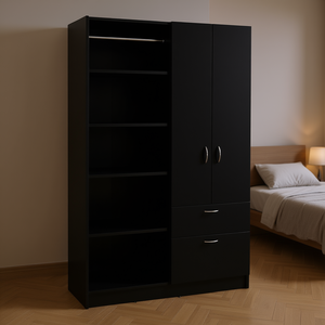 Armoire à double porte Cartagena avec un tiroir et cinq étagères, design moderne, meubles de chambre à coucher, portes à charnières en MDF noir - Product Image 2