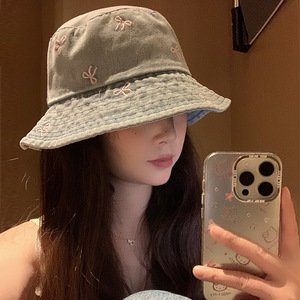 Washed Denim Bucket Hat With Pink <b>Bow</b> For Women Summer Sun Protection Hat <b>Large</b> Head Circumference - Product Image 2