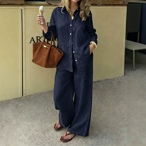 <b>Linen</b> Two-Piece <b>Set</b> Collared Long Sleeve Shirt And Straight Leg Wide Leg Pants Navy Blue Casual Urban Commute Suit Smlxl2xl3xl - Product Image 1