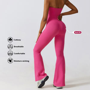 Fitness-Sets Sportliche Körperbetonte Einteiler Gym-Jumpsuits Bauchkontrolle Fitness-Yoga-Bekleidung Damen Weite Yoga-Schlaghosen - Product Image 4