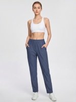 Mid-waist printemps femmes denim artificiel jambe droite pantalon en tricot élastique, pantalon de sport décontracté avec poches